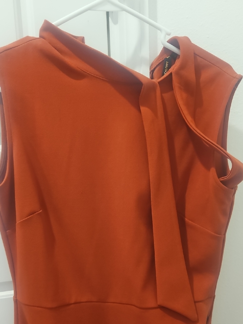 Miusol Sleeveless Tie-Neck Cocktail Pencil Dress in Rust Orange.